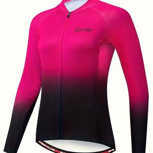 TEMU 여성용 긴팔 그라데이션 사이클링 저지, 수분 흡수, 편안함, 캐주얼 스타일, V넥, 컬러 블록 디자인, 니트 원단