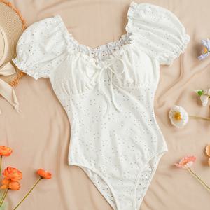 TEMU 빈 상추 트림 타이 프런트 보디수트, 섹시 퍼스 슬리브 보디수트 봄 & 여름, 여성 의류