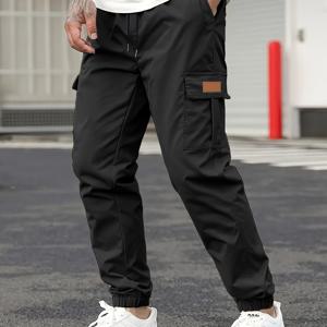 TEMU 다양한 포켓이 있는 남성용 캐주얼 카고 바지 - 도시 스트리트웨어 및 야외 활동용 통기성 있는 스타일리시한 단색 바지, 통기성 있는 카고 바지|남성용 트렌디한 바지|끈 조절 허리띠