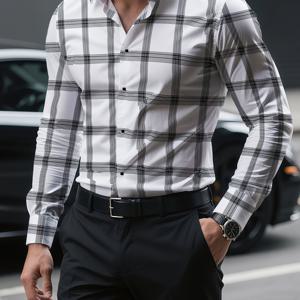 TEMU 남성 패션 드레스 셔츠 - 100% 폴리에스터, 비침 방지 원단, 봄/가을용, 체크무늬 정장 셔츠, 데일리 웨어, 내구성 있는 소재, 부드러운 질감, 클래식 칼라 디자인, 출근-비즈니스-파티 스트리트 스타일 - 고품질 스티칭, 트렌디한 탑