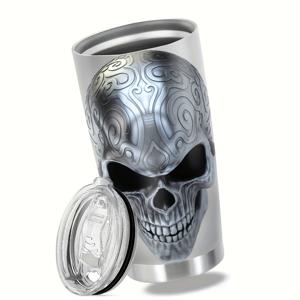 TEMU 20oz 스컬 스테인리스 스틸 커피 텀블러 - 손세척 그래픽 패턴 머그잔 누출 방지 뚜껑 포함 - 뜨거운 음료를 위한 이중벽 진공 단열 여행용 컵 - 재사용 가능, 무연, 할로윈/추수감사절/발렌타인데이/라마단 선물