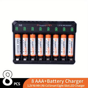 TEMU 세트 (배터리 + 충전기), PowerKAN 1.2V Ni-MH 충전식 AA & AAA 고품질 배터리 + N8 충전기, 충전 및 방전 가능, AA R06 배터리 x8과 AAA R03 배터리 x8 조합, 5V 2A USB 고속 충전 AA AAA 충전기 포함