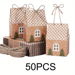 TEMU 50개 크리스마스 하우스 모양 크래프트 종이 선물 상자, DIY 파티 선물 상자, 크리스마스 트리 장식 및 이벤트 용품용 황마 끈 포함