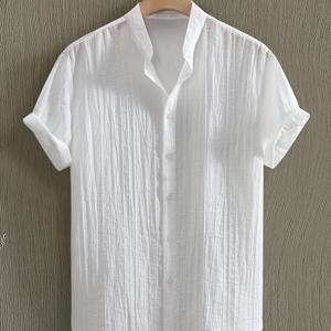 TEMU 남성용 여름 블랙 반팔 캐주얼 셔츠 - 스트레치되지 않는 리오셀, 스탠드 칼라, 포켓이 있는 버튼업, 해변, 수영장 파티 및 주말 외출에 완벽한 캐주얼 의상|캐주얼 스타일|직조 직물