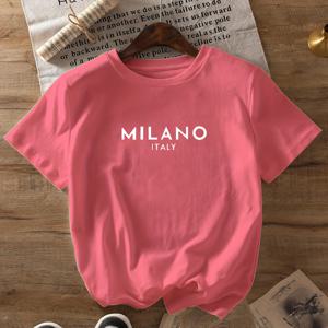 TEMU 여성용 캐주얼 반팔 크루넥 티셔츠 - 화사한 핑크 