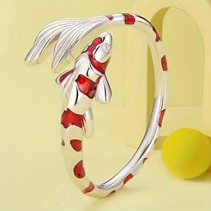 TEMU 우아한 잉어 물고기 에나멜 오픈 링, 여성용, 합성 큐빅 지르코니아 구리 베이스, 4월 탄생석, 파티 및 일상 착용 액세서리, 독특한 휴가 스타일 동물 테마 주얼리|물고기반지