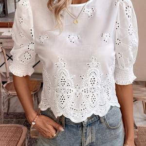 TEMU 화이트 레이스 반팔 블라우스 - 세미 시어 라운드넥 크롭탑, 플로럴 & 격자무늬 프린트, 보호-시크 올시즌 셔츠 (청바지/드레스 매치), 핸드워시 가능, 우아한 캐주얼부터 드레시 웨어 (스트레치 없음)