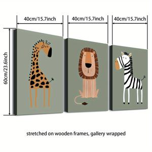 TEMU 3개 목재 액자 캔버스 포스터 야생 동물 예술, 세이지 그린, 기린, 사자, 얼룩말, 창의적인 방수 캔버스 포스터, 침실, 사무실, 거실, 카페, 바, 집 및 기숙사 벽 장식