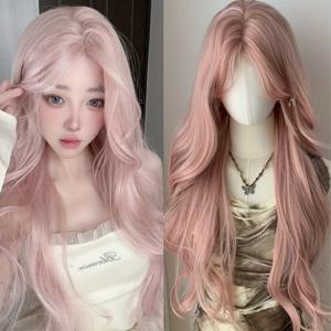 TEMU 여성용 24인치 그린 & 핑크 합성 바디 웨이브 가발 - 조절 가능한 로즈 넷 캡, 코스프레 및 파티용 볼륨감 있는 곱슬머리 100% 밀도, 모든 인종에 자연스러운 룩 - 편안한 착용감