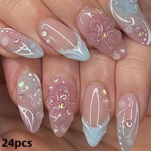 TEMU 24개입 프렌치 아몬드 프레스온 네일 세트, 블루 & 핑크 그라데이션 3D & 플로럴 디자인, 1개의 젤 & 네일 파일이 포함된 착탈식 인조 손톱, 여성과 소녀를 위한 광택 마감