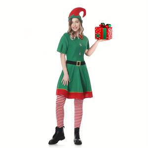 TEMU 4pcs 여성 크리스마스 엘프 코스튬 세트 - 파티 & 코스프레용 매칭 모자 & 스타킹 & 벨트가 포함된 축제 분위기 드레스, 폴리에스터, 깃털 없음, 손세탁 또는 드라이 클리닝, 크리스마스 코스튬 | 재미있는 디자인 | 폴리에스터 코스튬, 크리스마스 코스튬 액세서리