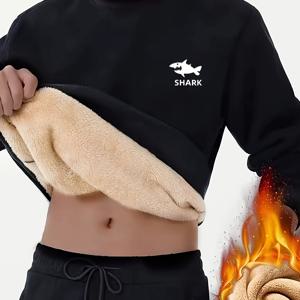 TEMU 남성용 기모 안감 크루넥 스웨트셔츠 - 헤비웨이트 겨울 풀오버, 상어 그래픽, 긴소매 캐주얼 스웨터, 추운 날씨용, 두꺼운, 상어 애호가, 부드러운 소재, 스트리트웨어 스타일, 포근한 의류, 튼튼한 원단, 트렌디한 디자인