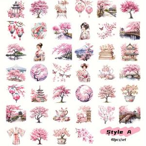 TEMU 40개 빈티지 일본 풍경 및 게이샤 스티커 - 벚꽃, 후지산, 다도 장면 포함 - 수제, 재사용 가능, 접착 뒷면