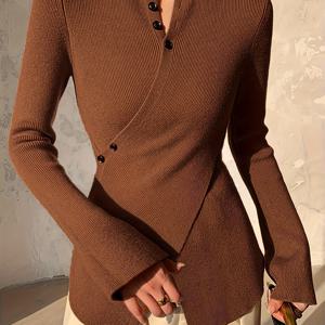 TEMU 새로운 여성 패션 솔리드 컬러 버튼 크로스 디자인 긴팔 비대칭 풀오버, 캐주얼 웨어, 겨울 패션, 풀오버, 우아한 스타일, 손세탁 가능, 중간 신축성 원단, 스타일리시 니트웨어, 버튼업 탑, 우아한 드레서, 겨울 쇼퍼