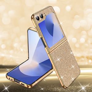 TEMU 삼성 Z플립6 폰 케이스에 적합한 전기 도금 프레임 글리터 폰 케이스, 렌즈 전체 패키지 보호 및 낙하 방지, 초박형 매트 미끄럼 방지 지문 방지, 세련되고 고급스러운 여자 폰 케이스