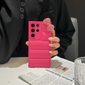 TEMU 리본 매듭 장식이 달린 로즈 레드 다운 재킷, 고급스러운 텍스처, 멋지고 트렌디한, 삼성, 올인클루시브 낙하 방지 보호 커버, 크리에이티브, 갤럭시 S24 23 22 울트라 플러스 + 휴대폰 케이스