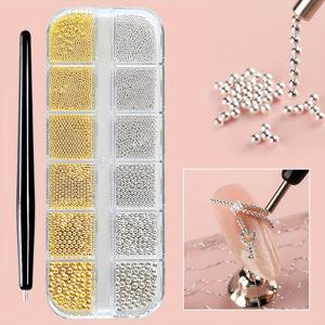 TEMU 12구 3D 네일 아트 참 세트 (자석 펜 포함) - 골든, 실버리, 로즈 골든, 건메탈 & 실버 그레이 스테인리스 스틸 캐비어 비즈, 하프 라운드 플랫백 & 라인스톤 DIY 매니큐어용