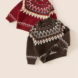 TEMU 소년 소녀용 니트 스웨터 - 드롭 숄더, 라운드 넥 캐주얼 풀오버 긴팔, 사계절 크리스마스 휴가 의상 (갈색/빨강), 여아용