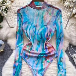 TEMU YOUMG 프린트 메쉬 섹시 슬림핏 긴팔 바디슈트 Y2K