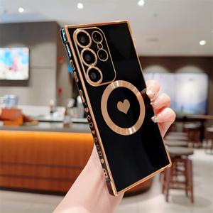 TEMU 삼성 갤럭시 S24 울트라 S21 FE S22 S23 플러스용 매그세프 자석 러브 하트 도금 케이스 무선 충전 귀여운 케이스 커버
