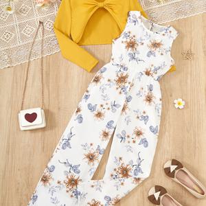 TEMU 2개 세트 여아용 화이트 & 네이비 블루 플로럴 프린트 점프수트 - 숏 러플 탑 & 와이드 레그 팬츠, 탄력 허리 여름 의상, 세탁기 사용 가능 2피스 웨딩, 파티, 캐주얼 의상 (청소년용), 야외 활동에 완벽