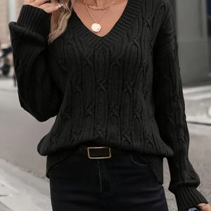 TEMU 여성용 가을 겨울 V넥 긴팔 스웨터 - 부드러운 리브 질감, 100% 폴리에스터, 솔리드 블랙, 캐주얼 & 오피스웨어, 쉬운 관리