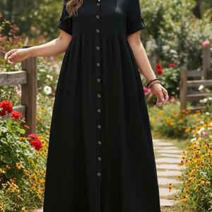 TEMU 여성용 플러스 사이즈 캐주얼 버튼 드레스, 폴리에스테르 100% 단색 크루 넥 롤업 반팔 긴 드레스, 봄/여름/가을용 포켓 포함 - 비스듬한 직물, 160g/m²