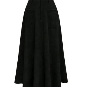 TEMU 여성용 우아한 하이웨이스트 A라인 스커트 - 슬리밍 브라운 코듀로이 미디 포켓, 비신축성 폴리에스테르, 세탁기 사용 가능 - 시크하고 다용도