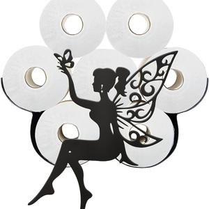 TEMU 1개 벽걸이형 화장지 홀더 - 파우더 코팅 철제 블랙 & 화이트 요정 실루엣 & 날개 디자인, 욕실용 장식 티슈 롤 보관함, 드릴링 필요 없음