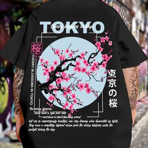 TEMU 남성용 캐주얼 크루넥 티셔츠, 일본식 벚꽃 프린트, 중간 스트레치 소재, 반팔, 일상 및 주말 캐주얼 착용을 위한 정규 핏 - 여름 컬렉션