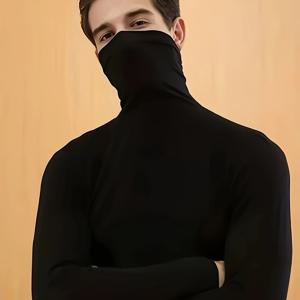 TEMU 남성용 블랙 하이넥 터틀넥 티셔츠 - 슬림핏 타이트 바디, 사계절 레이어링 필수 아이템, 캐주얼 & 포멀웨어 다용도 베이스 레이어, 정장 안감, 마스크 - 손세탁 가능 스트레치 소재|마스크