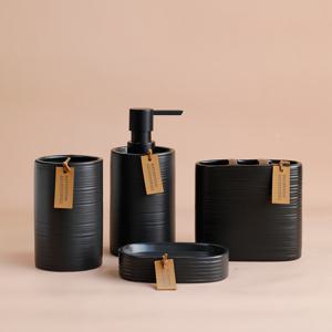 TEMU 심플 욕실 액세서리 세트 (4종) - 비누 디스펜서, 칫솔 홀더, 텀블러, 비누 접시 포함, 블랙 & 화이트 디자인, 세라믹 소재