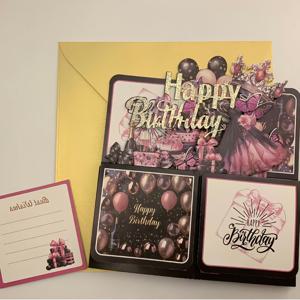 TEMU 【생일 축하】 손으로 만든 3D 팝업 생일 카드 박스, 봉투 & 메모 포함 - 레이저 컷 종이 조각 디자인, 가족, 친구 & 사랑하는 이들을 위한 인사말 카드 - 우아한 핑크 & 골드 테마, 풍선, 케이크 & 샴페인 - 발렌타인데이 & 생일, 생일 장식에 완벽함