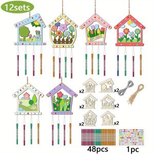 TEMU DIY 새 꽃집 나무 칩 바람종 키트 12세트, 새장 풍경 세트, 목공예품, DIY 수제품, 예술 활동에 적합, 부활절, 발렌타인데이, 어머니날, 아버지날, 생일, 결혼식 파티 용품, 휴일 펜던트, 걸이 장식, 그림용품, 홈 , 정원 장식, 문걸이, 축제 선물