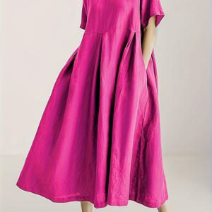 TEMU 여성용 밝은 핑크 캐주얼 맥시 드레스 - 편안한 핏, 라운드 넥, 플리츠 하hem, 폴리에스터, 올 시즌 착용, 캐주얼 드레스 | 밝은 빨간 드레스 | 폴리에스터 드레스