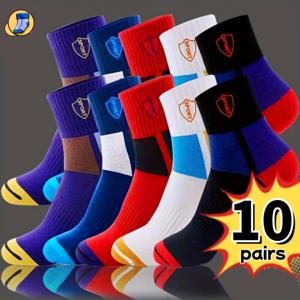 TEMU 남성용 컬러 블록 미드캘프 스포츠 양말 5/10켤레 - 통기성이 좋고 편안하며 사계절 내내 착용 가능, 