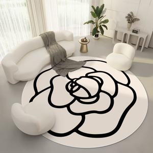 TEMU 대형 우아한 동백 꽃 라운드 매트 - 미끄럼 방지, 세탁기 사용 가능, 부드러운 베이지색 블랙 플로럴 디자인, 거실, 침실 또는 공부방 장식에 완벽함, 침실 액센트 | 현대적인 매트 | 폴리프로필렌 매트, 거실용 러그