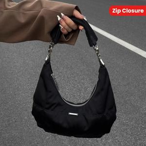 TEMU 여성용 블랙 나일론 크레센 숄더 백 - 레트로 스타일, 지퍼 클로저, 내구성 있는 나일론 소재, 캐주얼 및 정장용 언더암 핸드백, 캐주얼 패션 백 | 레트로 스타일 백 | 지퍼 클로저 백