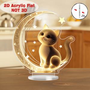 TEMU 2D 평면, 2D 아크릴 초승달 & 고양이 야간 조명 - 사랑스러운 책상 장식 침실, 사무실 또는 거실용 - 전원 필요 없음 - 친구를 위한 완벽한 선물 아이디어, 침실 장식 | 달 모양의 빛 | 주변 조명, 2D 평면