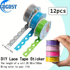 TEMU GDGDSY 레이스 테이프 스티커 12롤, 스캔드북용 자체 접착 기하학 패턴 장식 테이프, 선물 포장, 플래너 장식, 다이어리, 아트 공예 DIY, 12가지 생생한 색상, 재사용 가능한 플라스틱 소재, 선물 포장 필수품 | 기하학적 레이스 디자인 | 재사용 가능 접착 테이프