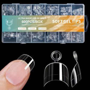 TEMU 600개 소프트 젤 X 네일 팁 - 맨투맨 디자인용 투명 아크릴 스퀘어 인조 손톱, 아몬드 모양, 짧은 길이, 기하학/단색, 광택 마감, 네일 파일 및 보관함 포함, 네일 기술 용품