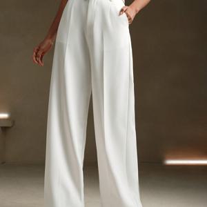 TEMU 여성용 우아한 화이트 와이드 레그 팬츠 메탈 체인 포켓 - 캐주얼 및 공식 행사용 솔리드 컬러 레귤러 핏 긴 바지, 세탁기 사용 가능 올시즌 베르사타일 팬츠 | 릴랙스핏 트라우저 | 장식용 체인 디테일