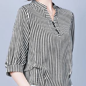 TEMU 여성용 우아한 루즈핏 V넥 블라우스 - 3/4 소매 셔츠, 비대칭 밑단, 봄 여름 가을용 통기성 검정 & 흰색 줄무늬, 캐주얼 및 정장용, 계절 패션 탑, 버튼업 프론트