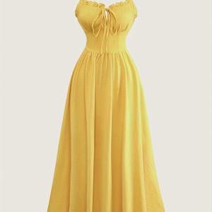 TEMU 청소년용 옐로우 스파게티 멜빵 드레스 - 캐주얼 솔리드 컬러 조절 가능한 허리끈, 가벼운 논스트레치 원단, 봄 여름 가을용 레귤러 핏