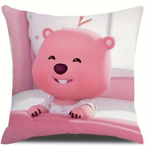 TEMU 1개 귀여운 만화 곰 쿠션 커버 - 핑크색, 지퍼 클로저, 세탁기 사용 가능, 알레르기 친화적 폴리에스터 원단, 사랑스러운 웃는 곰 디자인, 방 및 홈 데코에 완벽함(내부 삽입물 없음), 룸 장식 | 기발한 홈 액세서리 | 쉬운 관리용 원단