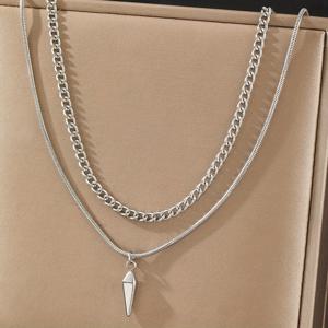 TEMU 2개의 남성용 레이어드 스티커 펜던트 넥레이스 세트, 스테인리스 스틸 레이어드 스네이크 체인 사이드 넥레이스 - 힙합 스타일 포인트 펜던트, 더블 레이어 디자인 - 친구, 파티 장신구를 위한 완벽한 선물.