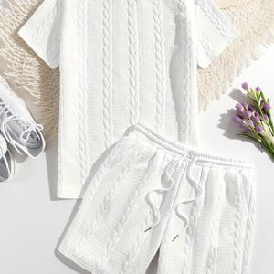 TEMU 남성용 캐주얼 브레이드 니트 반팔 티셔츠 & 반바지 세트 - 베이지, 드로스트링 허리, 올 시즌 착용, 캐주얼 의상|브레이드 패턴|편안한 핏, 두꺼운