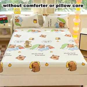 TEMU 3pcs 카툰 카피바라 패턴 침구 세트 - 360° 전체 커버리지 피팅 시트 및 2 베개 케이스, 부드러운 폴리에스터 소재, 기계 세척 가능, 올 시즌 편안함, 베개 삽입 없음, 귀여운 침구
