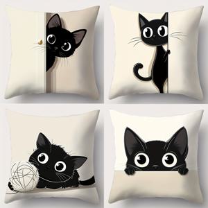 TEMU 모던 캣 베개 커버 4개 세트 - 장난꾸러기 검은 고양이 엿보는 & 앉아 있는 디자인, 17.72x17.72인치 정사각형 데코레이티브 베개커버 지퍼 클로저, 거실/침실/소파용(내부 쿠션 미포함), 매끄러운 질감 원단, 귀여운 베개