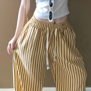 TEMU 여성용 일본식 레트로 수직 줄무늬 슬립 팬츠 - 가벼운 루즈핏 긴 라운지 바지, 겨울/가을용 -노랑 & 블랙 , 끈 조절 허리, 손세탁 전용, 우아한 캐주얼웨어, 부드러운 소재의 편안한 바지|잠옷|냉장고바지|파자마